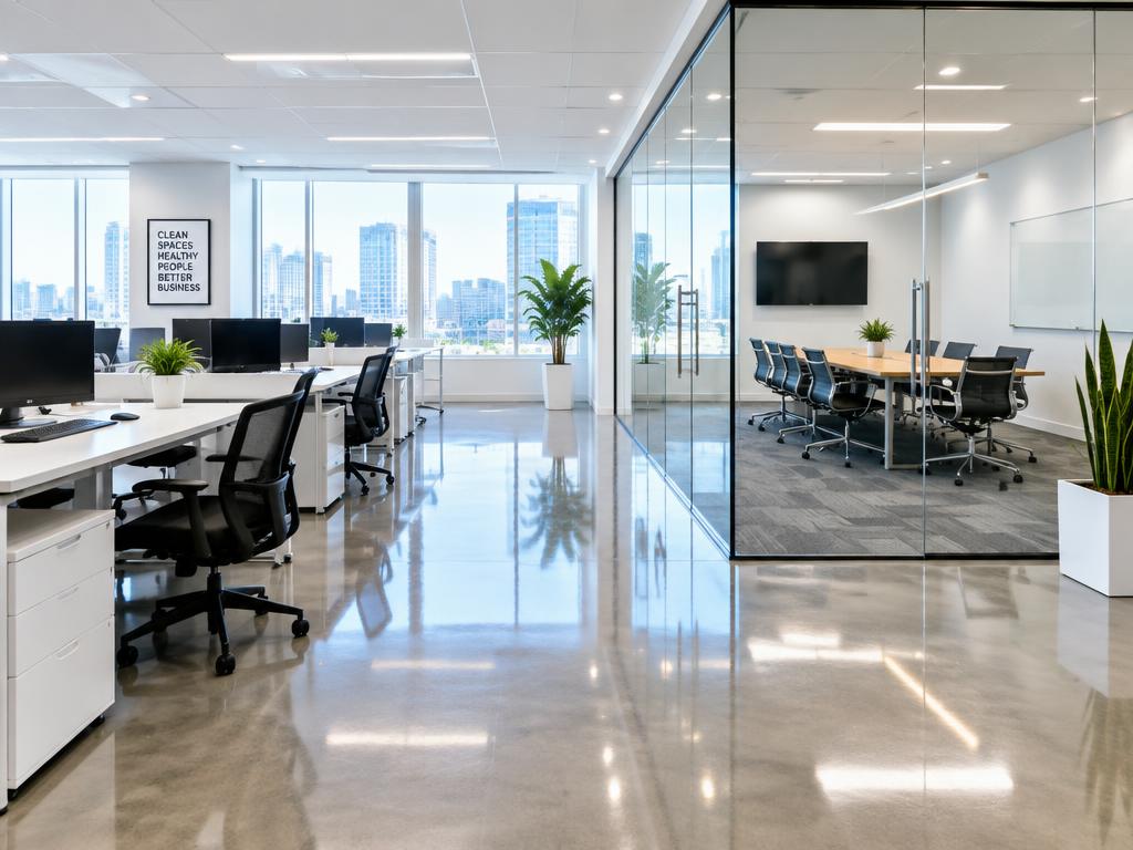 Modern office space freshly cleaned with polished floors