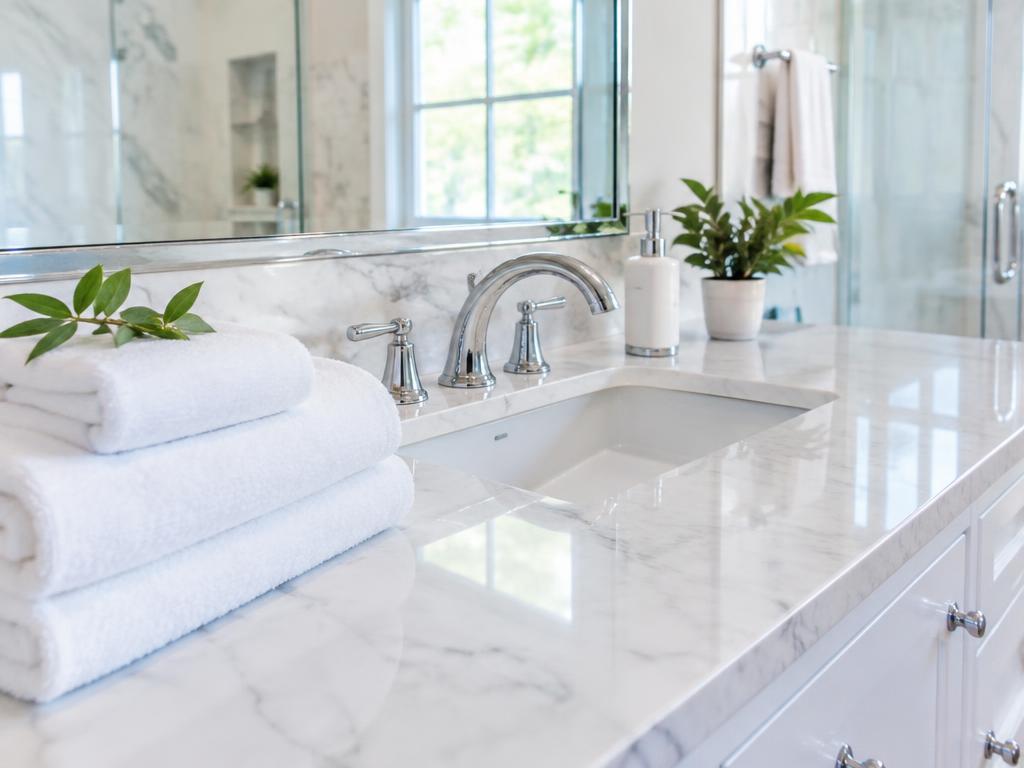 Sparkling marble bathroom countertop with folded white towels
