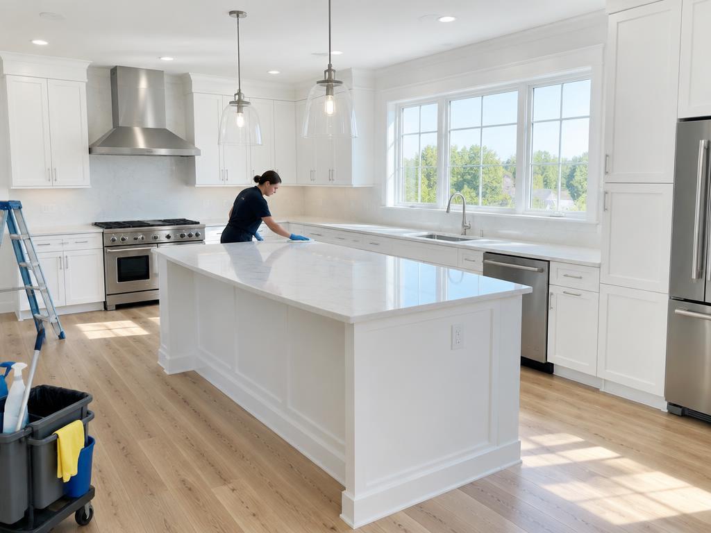 Newly renovated kitchen being cleaned after construction