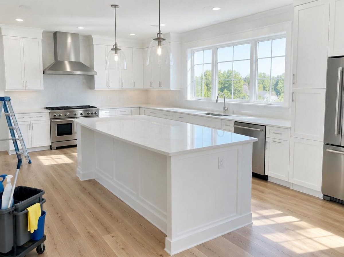 Newly renovated kitchen being cleaned after construction