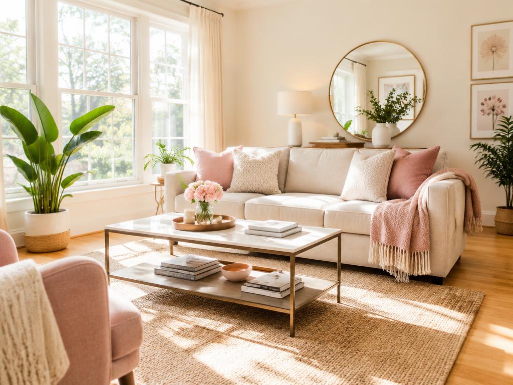 Bright living room freshly cleaned with pink accents