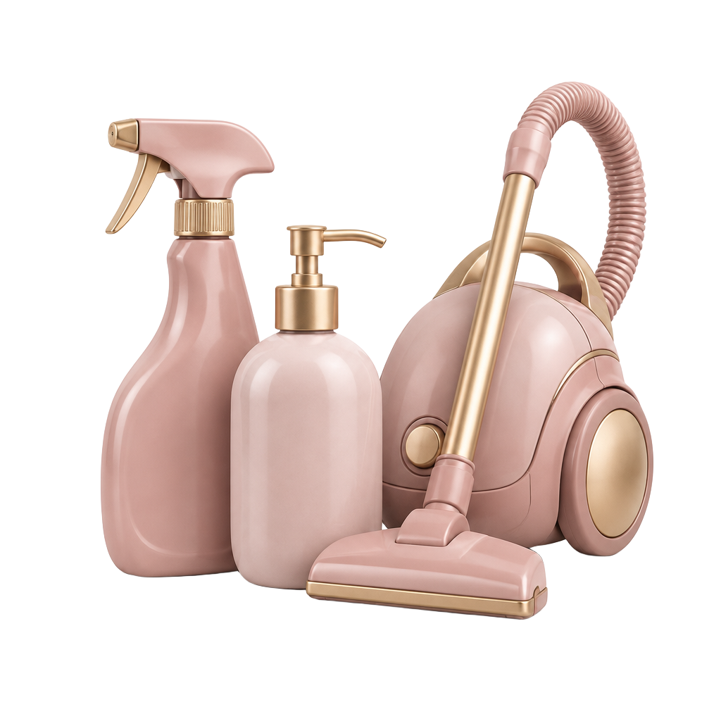 Pink cleaning supplies and vacuum cleaner